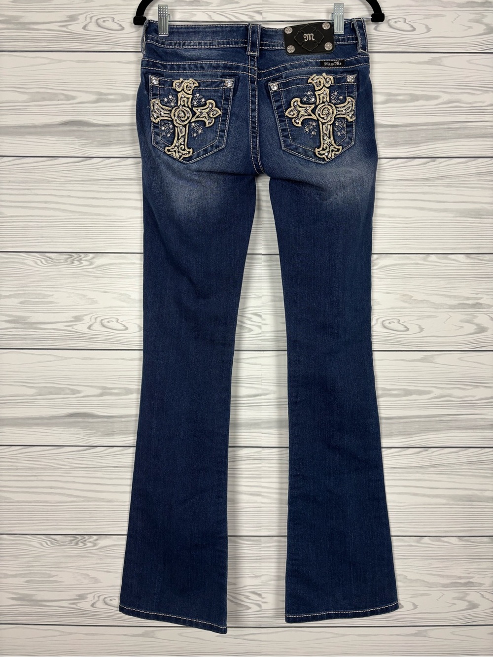 Miss Me Jeans Bling Cross Signature Boot Cut Size 26 white stitch y2K